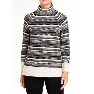 Talbots Womens Mock Neck Striped Knit Sweater Black White Wool Blend